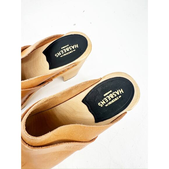 Swedish Hasbeens Classic Slip On Cognac Tan Leather Block Heel Clogs Size 40 - Picture 5 of 5
